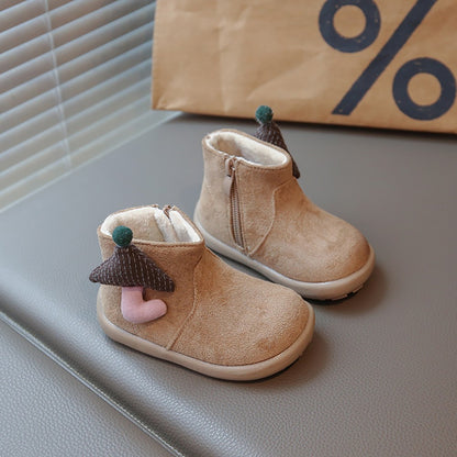 Christmas Children's Snow Boots PU Leather Vintage Girl's Plush Boots Anti-slippery Kid's Warm Padded Boots Cotton Shoes