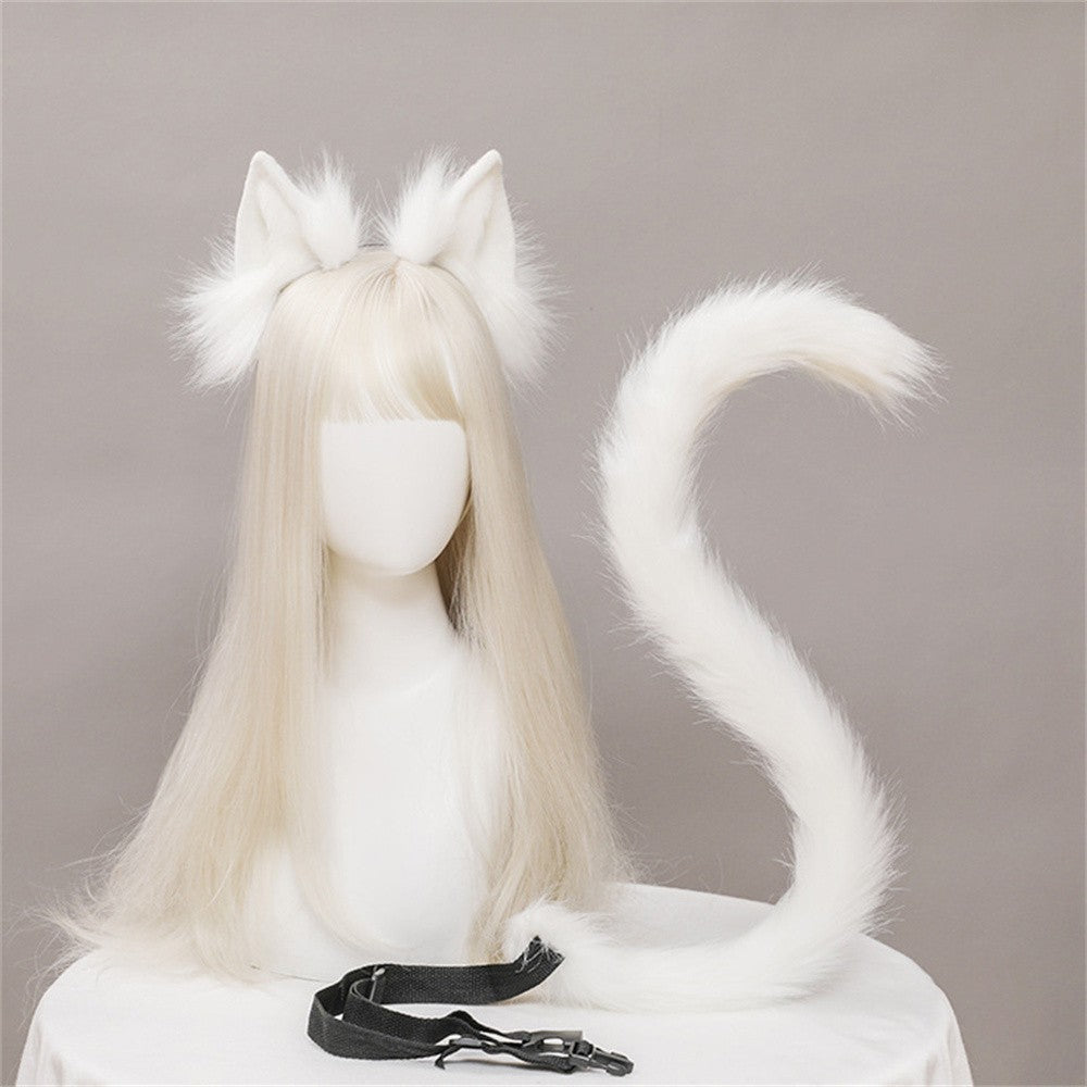 2Pcs/set Plush Cat Ears Tail Set Realistic Lolita Headband Cat Tail Cosplay Props Hand-made Simulation Animal Ears