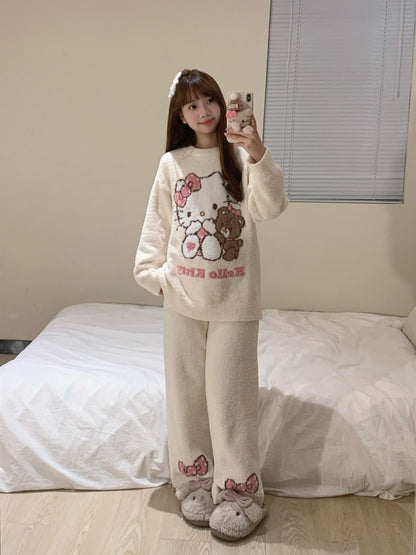 Hello Kitty Women's 2025 Kawaii Brushed Fleece Pajama Set Fall Winter Plush Thermal Cozy Sleepwear & Home Loungewear
