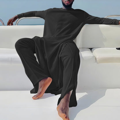 INCERUN Men Sets Solid Color Long Sleeve Long Style T Shirt & Pants Two Pieces Sets Loose Streetwear Fashion Casual Men Suits