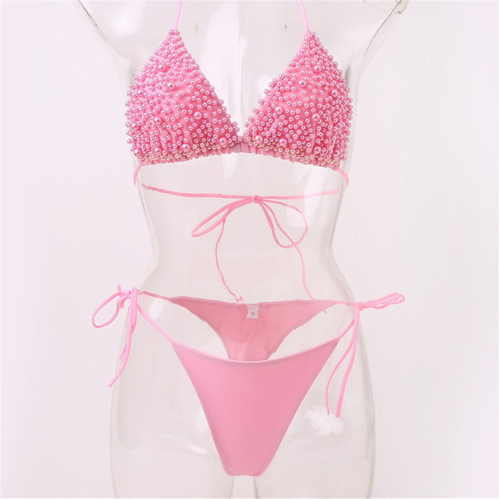 Pink Bikini Set Pearl Sexy Thong Swimsuit Women Backless Micro String pearls Bikinis Beach Outfit Vacation Swimwear Bathing Suit