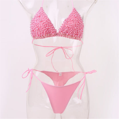 Pink Bikini Set Pearl Sexy Thong Swimsuit Women Backless Micro String pearls Bikinis Beach Outfit Vacation Swimwear Bathing Suit