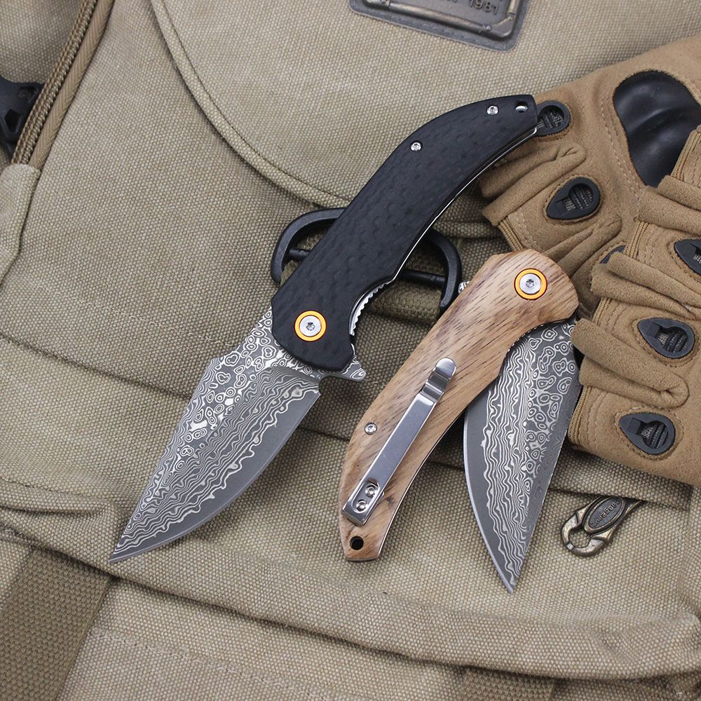 Damascus Pattern Folding Knife Wood Handle Portable Outdoor Self-defense Pocket knife High Hardness EDC Camping Kitchen Knives