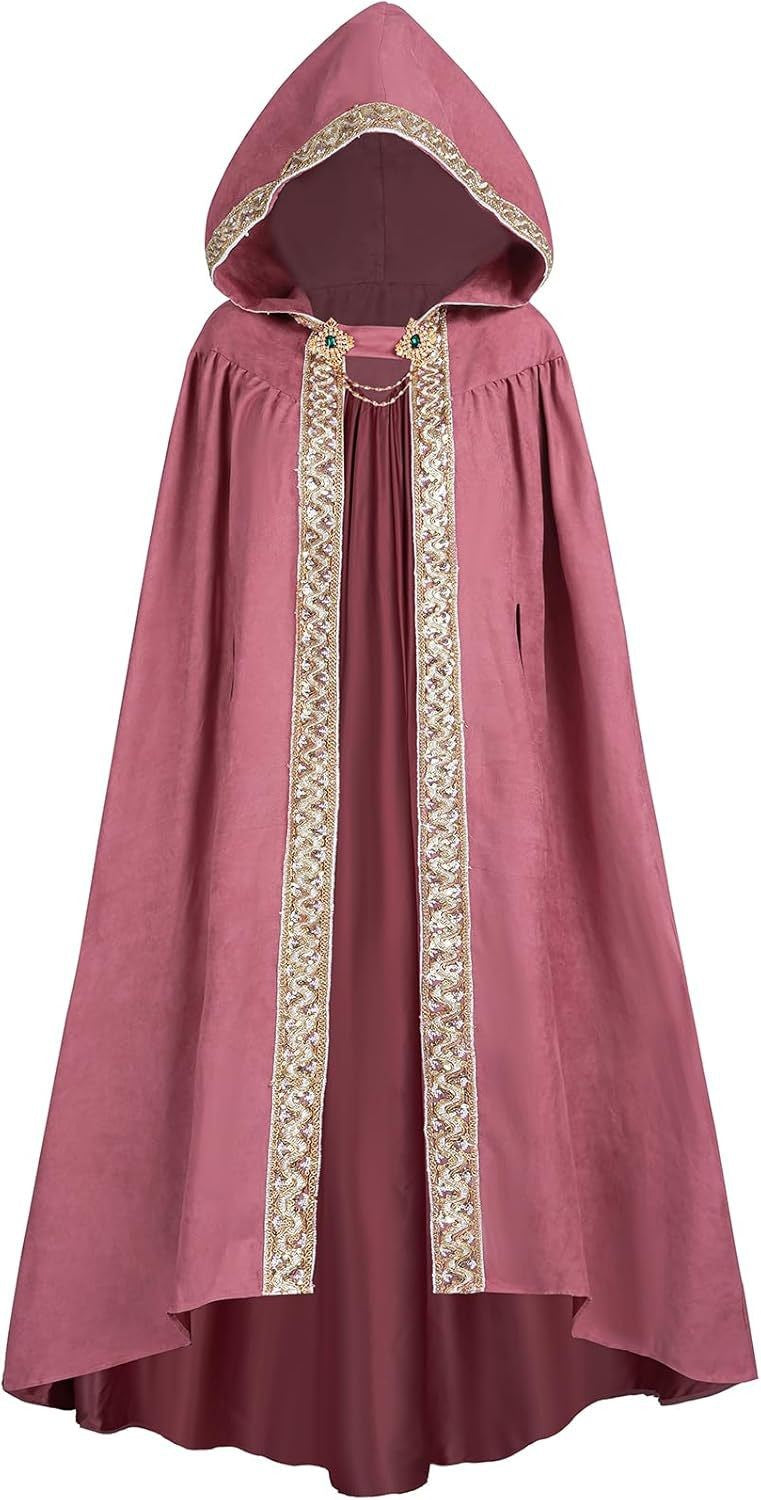 Medieval Lace Trim Hooded Cape 130cm Long Renaissance Wizard Witch Cloak Women Men Halloween Cosplay Costume