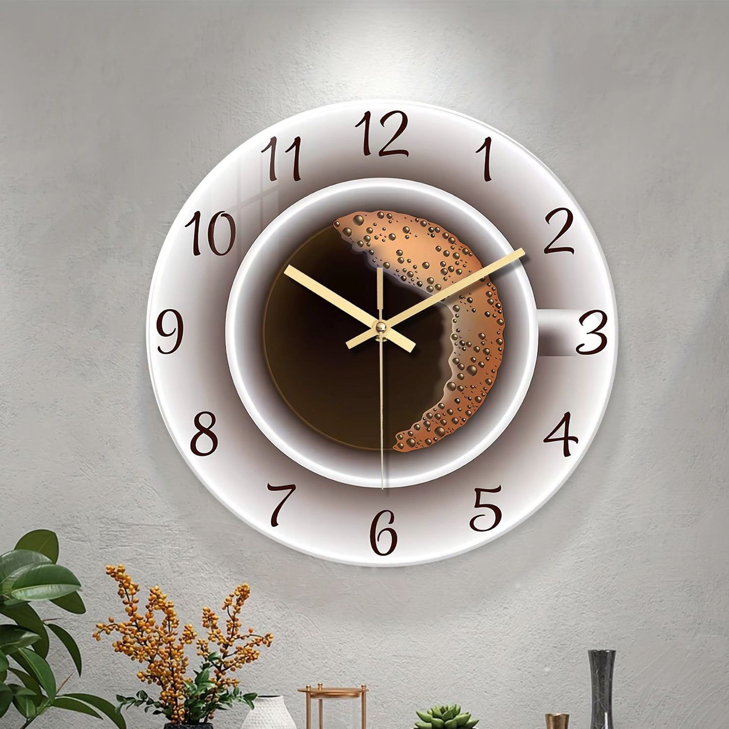 A Modern American Coffee Cup Pattern 4mm Thickeneded Tempered Glass Wall Clock Living Room Bedroom Kitchen Home Decoration Wall Clock Silent Quartz Clock Holiday Gift 12 Inches 14 Inches 16inch (Without Battery)