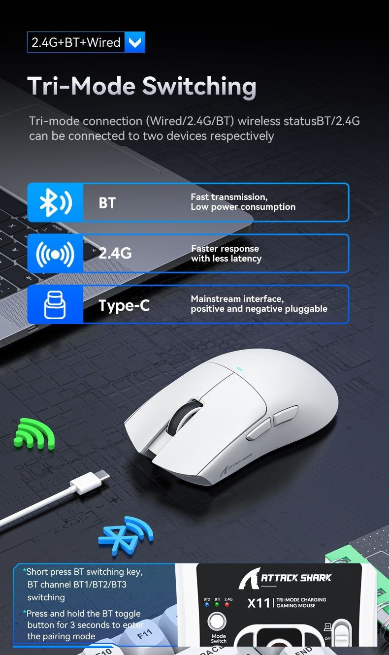 Mouse Gamer Attack Shark X11 Wireless, Conexão Tri-Modo 2.4GHz/Com Fio/Bluetooth PAW3311 22000DPI 400IPS RGB para PC