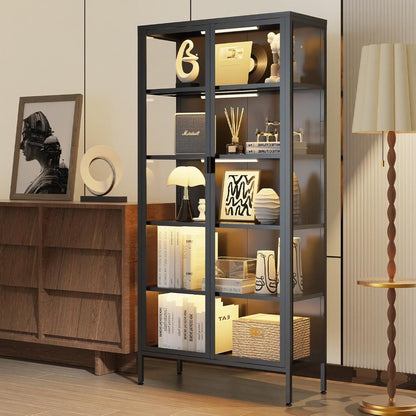 Glass Door Display Cabinet with 71 H, 5 Shelves, LED Sensor Lighting for Curio Showcases