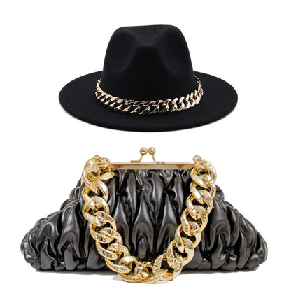 Set Straw Hat and Bag Set Gold Chain Bag Hat Set Ladies Leather Bag Tote Church Fedora Party Jazz Straw Hat