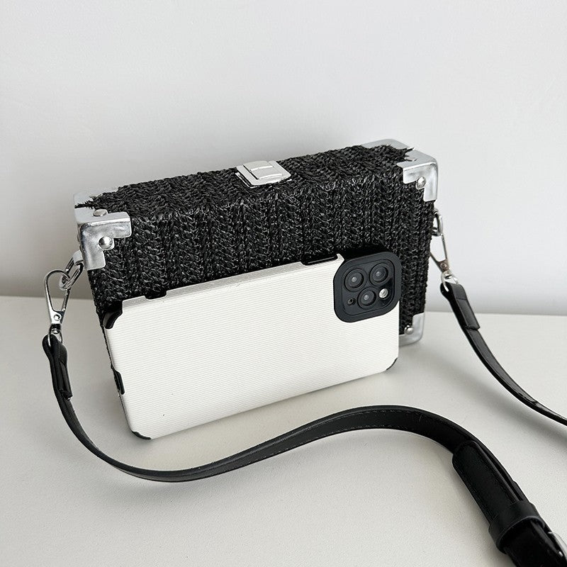 Couple's Sling Bag Straw Weaving with Corner Metal Decoration Boxy Shape Doctor Bag for Date Back to School Party Shoulder Bag