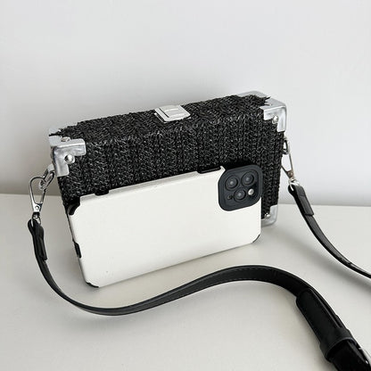 Couple's Sling Bag Straw Weaving with Corner Metal Decoration Boxy Shape Doctor Bag for Date Back to School Party Shoulder Bag
