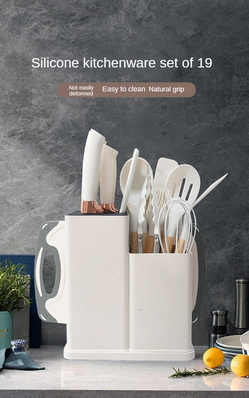 Conjunto de utensílios de cozinha de silicone, 19 peças com cabo de madeira, espátula, panela antiaderente e balde de armazenamento de facas multiuso integrado