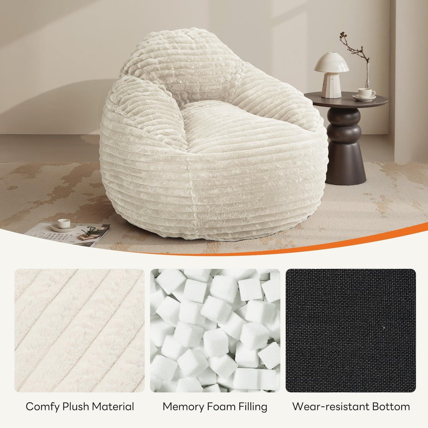 JHK Plush 39 InchBean Bag Chair for Gaming Reading Lazy Sofa Ergonomic Memory Foam Filled Couch For Living Room Furniture