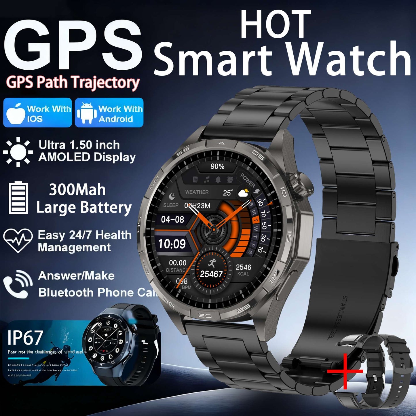2026 Novo Relógio Fitness Original G T6 Pro Smartwatch Tela AMOLED HD de 1.50" com GPS, Monitor de Batimentos Cardíacos e Chamadas Bluetooth para Homens