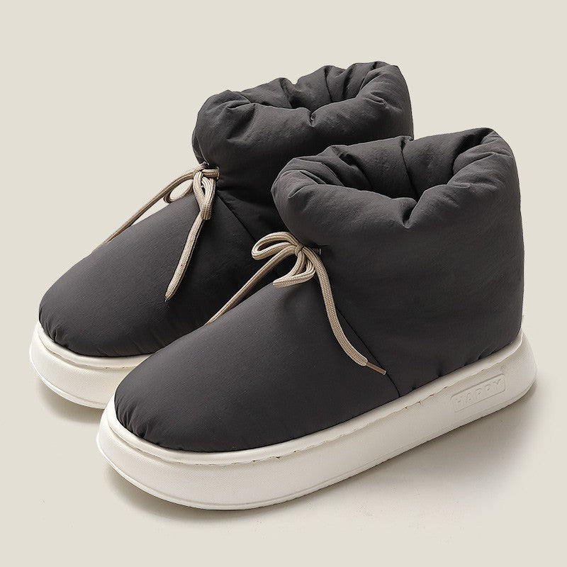 Winter Warm Thick Furry Women Ankle Boots Indoor Lace-up Plush Slippers Ladies Men Home Cotton Shoes