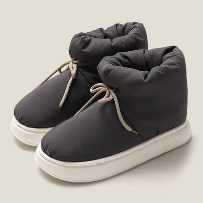 Winter Warm Thick Furry Women Ankle Boots Indoor Lace-up Plush Slippers Ladies Men Home Cotton Shoes