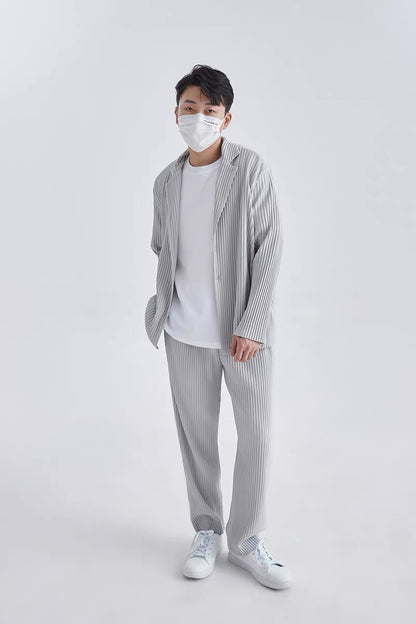 Miyake New 2025 Spring Suit Long Sleeve Pleated Pleated Men's Jacket Lapel Pleated Solid Color Fashion Loose Plisse Casual Top