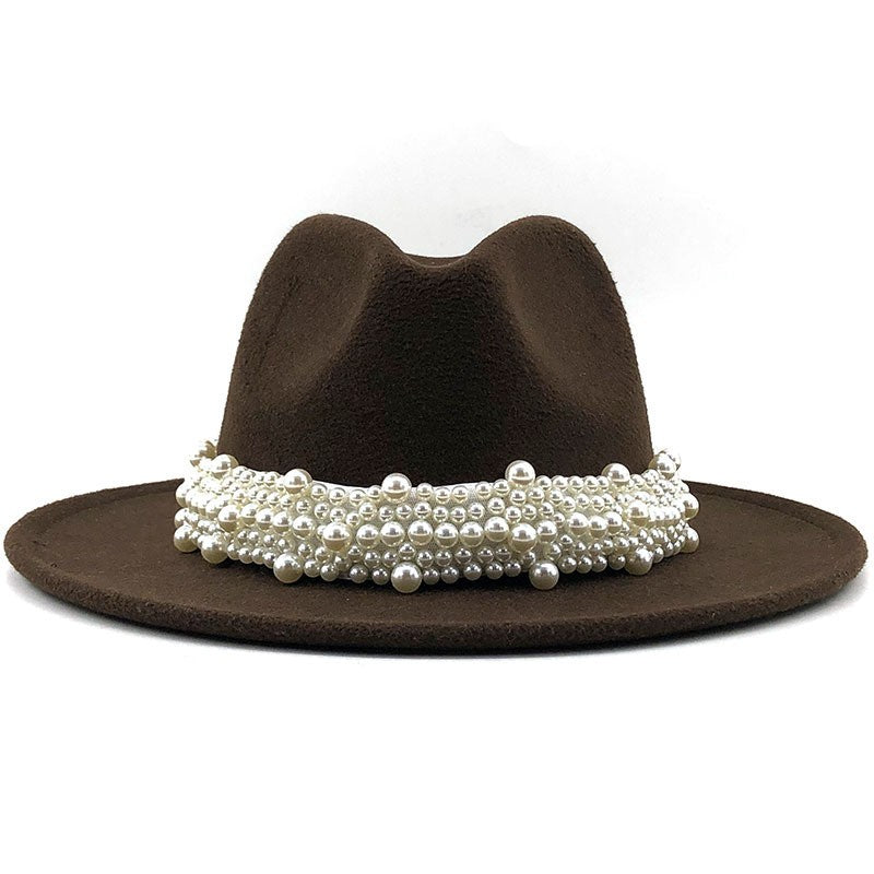 Chapéu Fedora De Lã Feminino Masculino Com Fita De Pérolas Cavalheiro Elegante Senhora Inverno Outono Aba Larga Igreja Panamá Sombrero Boné De Jazz 60CM