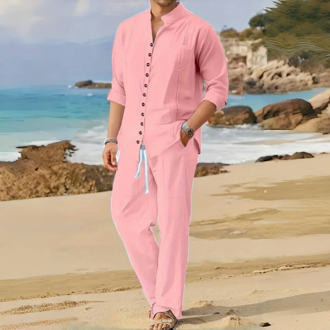 Men's Retro Cotton And Linen Set, Spring And Autumn Fashion Stand-up Collar Pocket Long Pants Long-sleeved Two-piece set