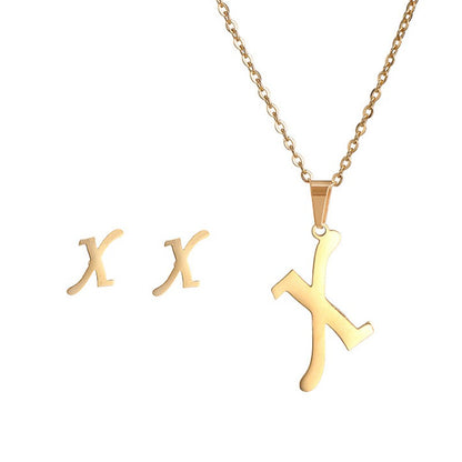 Conjunto Feminino de Colar e Brincos de Aço Inoxidável com Letra Inicial do Alfabeto A-Z - Joias Personalizadas de 26 Letras Inglesas - Presente