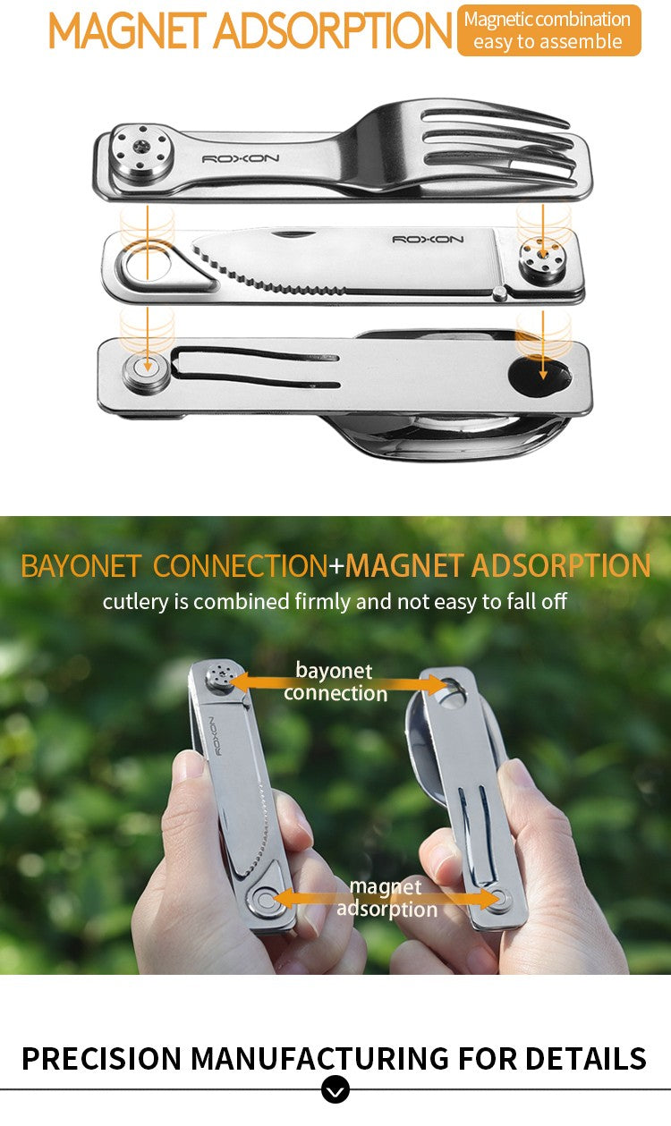 Conjunto de Talheres para Camping 3 EM 1 ROXON Faca Garfo Colher Aço Inoxidável Portátil e Destacável