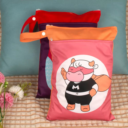 Washable PUL Waterproof Wet Dry Bag - Cute Print, 2 Pockets for Cloth Diapers, Travel, Beach, Pool & Gym| Toiletry Bag