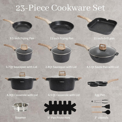 23Pcs Pots and Pans Set Non Stick, Kitchen Cookware Sets, Granite Stone Induction Cookware Non Stick Cooking Set w/Frying Pans,