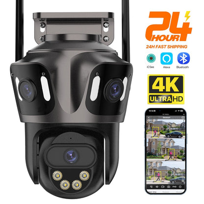 Câmera IP WIFI de Três Telas Externa 4K Lente Dupla Câmera PTZ Detecção Humana por IA Câmera de Segurança de Vídeo CCTV IP66 à Prova D'água iCsee