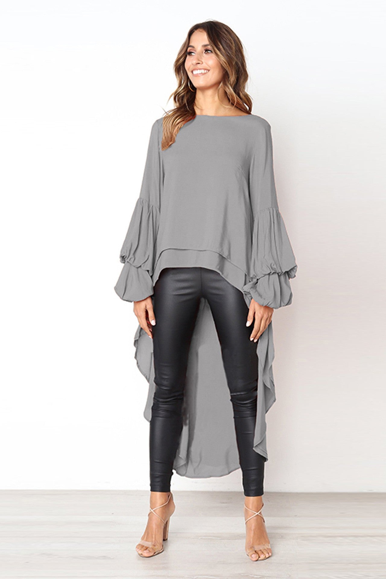 Elegant Solid Color Chiffon Shirts Women O Neck Lantern Sleeves Irregular Long Blouses Tops Temperament Lady Commuting Clothing