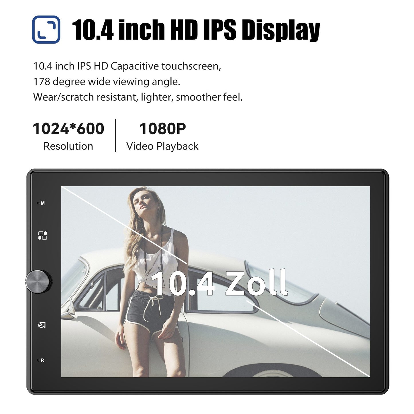 ESSGOO 10,4" Tela de Toque Rotativa IPS 1 Din Rádio Estéreo Multimídia Automotivo Sem Fio Apple CarPlay e Android Auto SWC FM