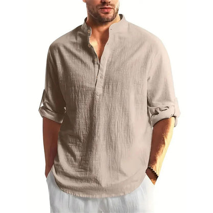 Autumn New Men's Cotton Linen Long Sleeve T-shirt Solid Color Henley Collar Lightweight Breathable Men's Casual Button Top