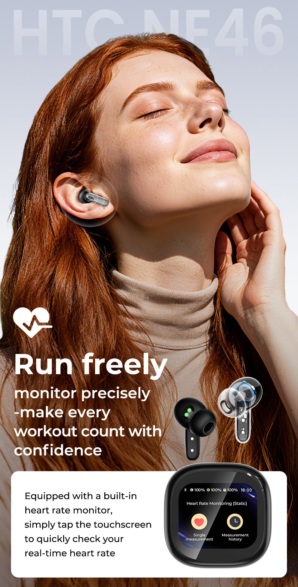 Bluetooth Headphones HTC Wireless Earphones Full HD LCD Display Earpiece Noise Canceling Earbuds Comfortable for Music Sport