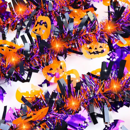 Halloween Tinsel Garland 2M Purple Tinsel Garland with Pumpkin Bat, Halloween Decoration for Indoor Outdoor Garden Party Porch