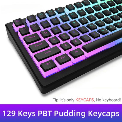 Novas teclas Pudding PBT 129 teclas Double Shot translúcidas para layouts de 60% 80% 100% perfil OEM para teclado mecânico gamer RGB