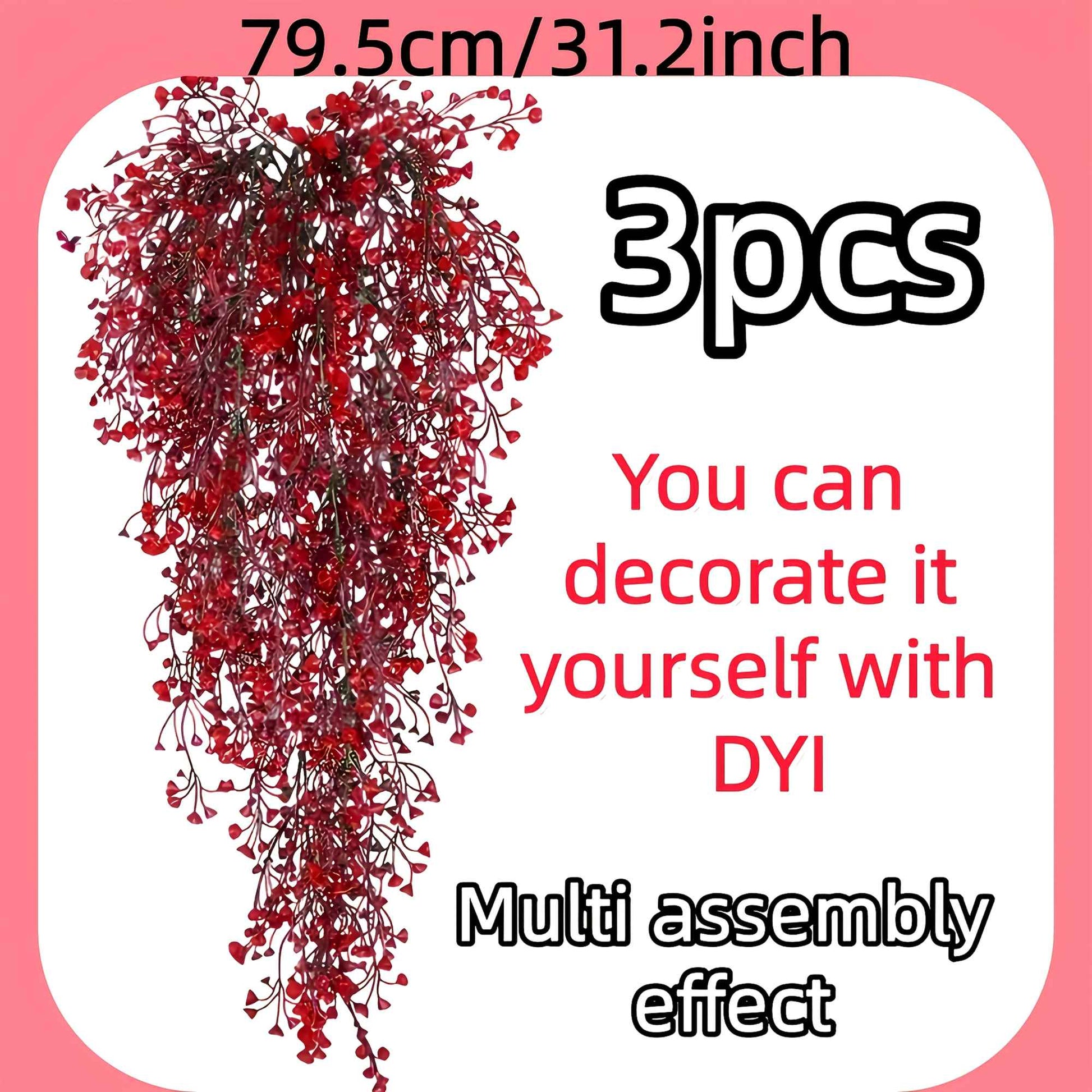 3pcs Artificial Hanging Plants Garland Plastic Red Ferns Fake Ivy Plant for Christmas Home Wedding Table Party Garden Decoration