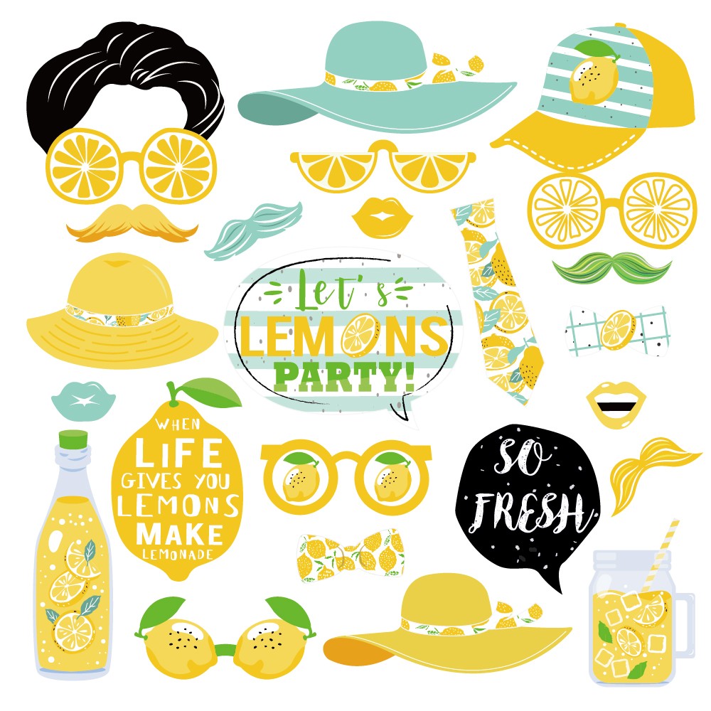 25pcs Lemon Photo Shoot Props With Sticks Party Selfie Photo Props Kit for Kids Birthday Summer Fruits Party Supplies