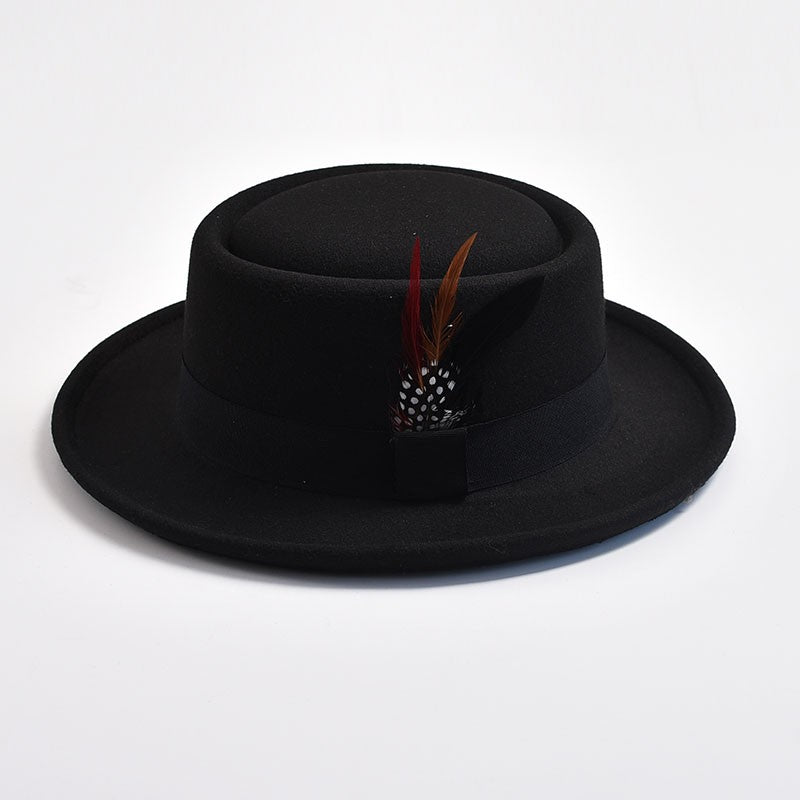 NEW Vintage Pork Pie Hat Mens Rolled Brim Felt Fedora Hat with Feather Gentleman Church Cap Trilby Jazz Hats
