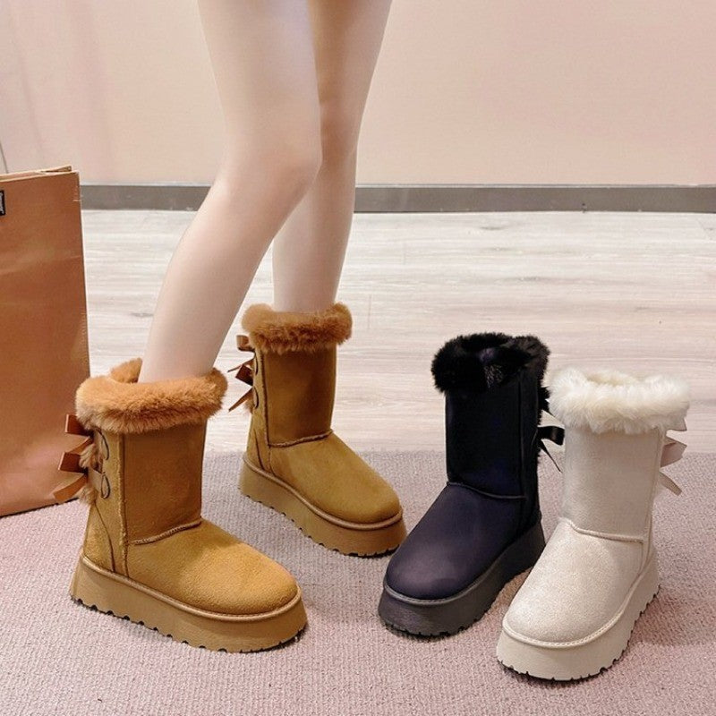2024 Winter New Thick-soled Mid-tube Snow Boots Bow Furry Mouth Plus Fluffy Thick Cotton Boots Casual Everything