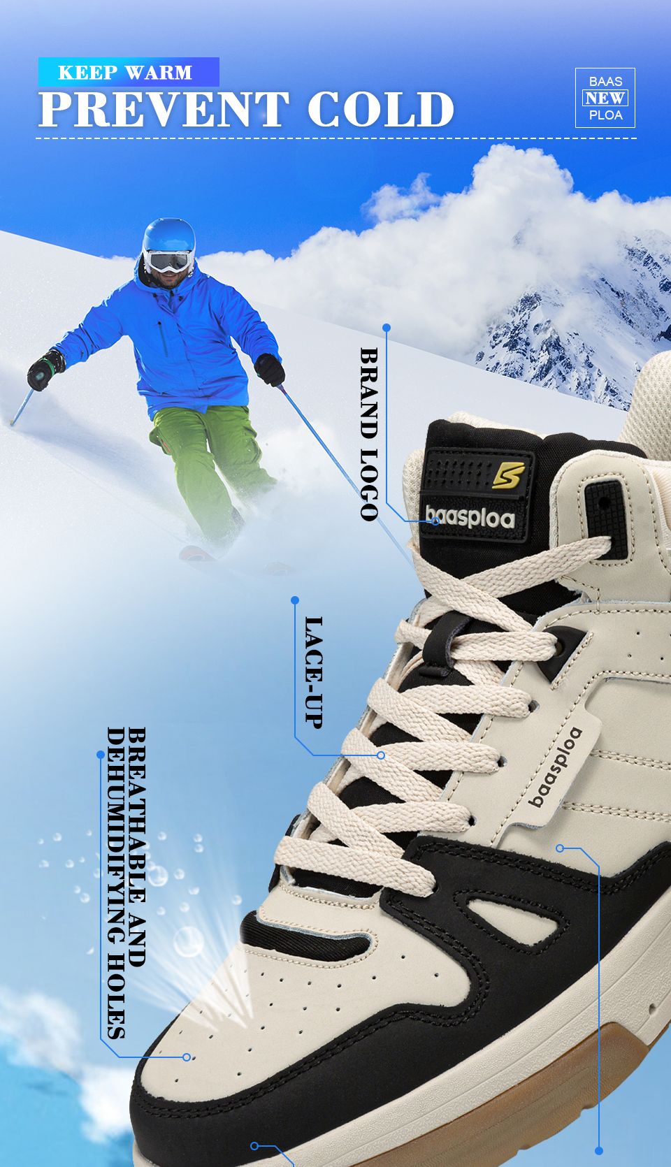 Baasploa Men Winter Sneakers Casual Skateboard Shoes for Men Comfort Plush Warm Cotton Shoes Non-Slip Outdoor Male Sneakers