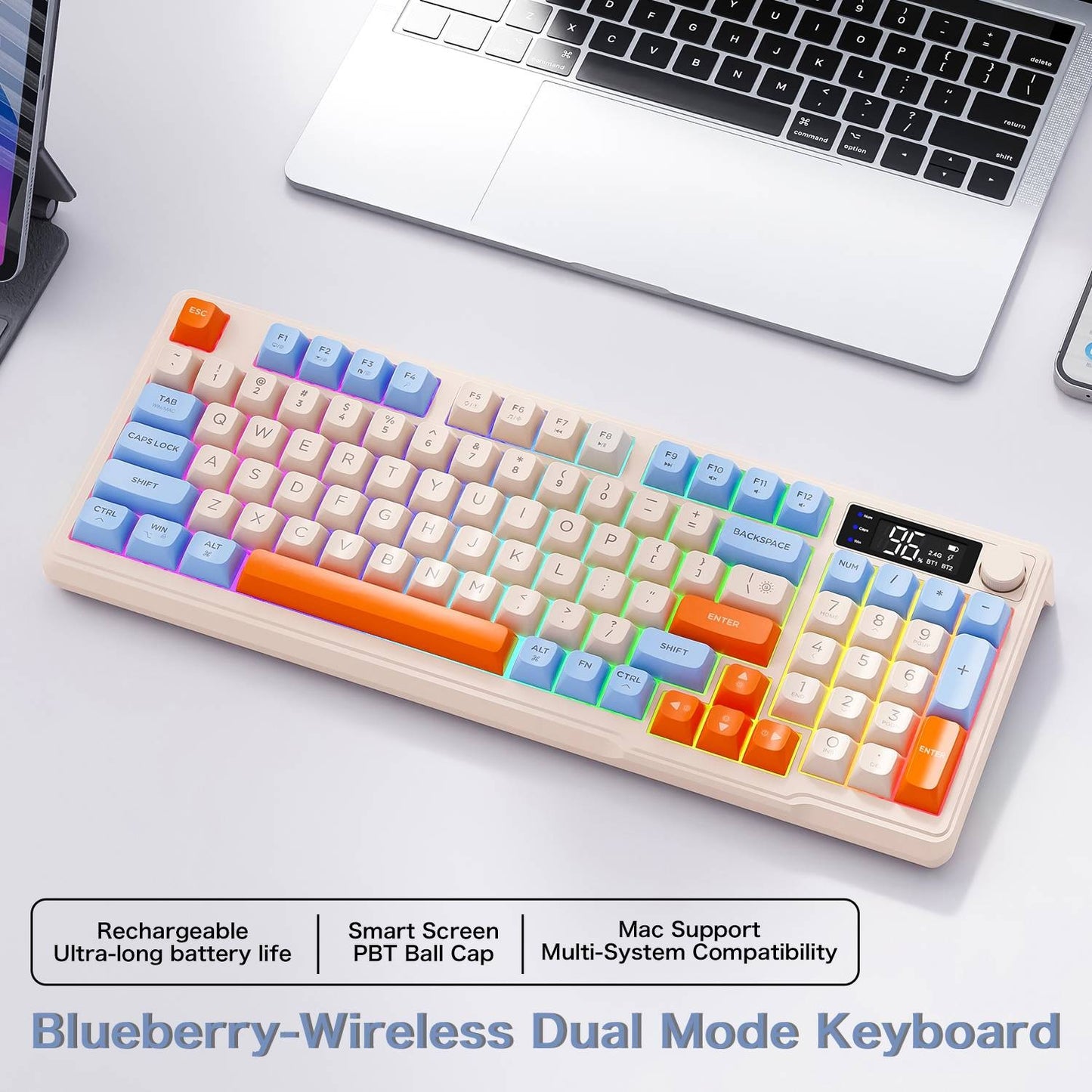 Teclado Gamer Sem Fio M96 Bluetooth FREEWOLF com Tela, Tela Eletrônica, Conexão Multi-Dispositivo, Ergonomia Gamer