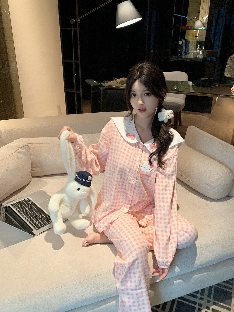 2pcs Sanrio Plus Size Pajamas Hello Kitty Kawaii Cartoon Women's Sleepwear Pajamas Sets Bow Cute Autumn Winter New Pajamas Set