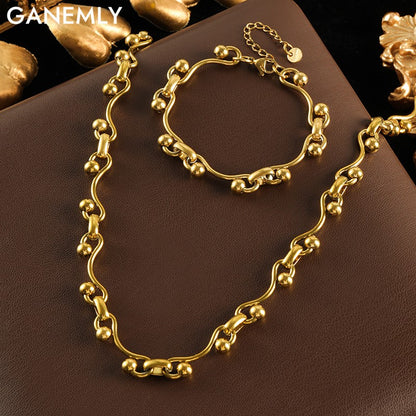 GANEMLY 316L Aço Inoxidável Metal Dourado Cor Contas Corrente Colar Pulseira Conjunto Para Mulheres Correntes Modernas Joias À Prova D'água Novo