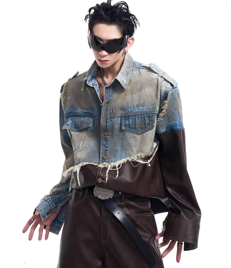 2024 American vintage do old piece-leather destruction denim jacket men fall dirty jacket