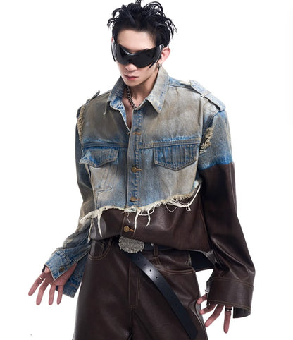 2024 American vintage do old piece-leather destruction denim jacket men fall dirty jacket