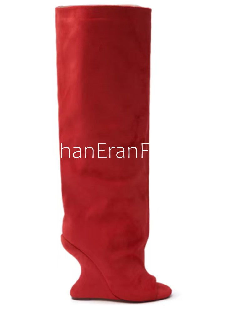 2025Spring and Autumn Fashion New Thick High Heels Women's Knee Length Wide Tube Version Fish Mouth Boots Middle Top Boots