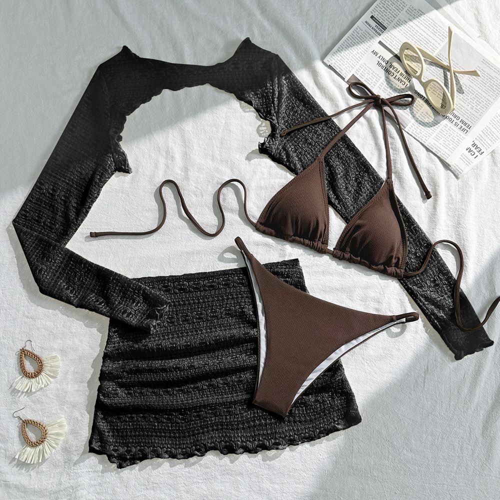 Women Bikini 4 Piece Set Tie Dye/Mesh Lace Long Sleeved Top Skirt Bottom Halter Bikini 2025 New Sexy Slim Beachwear Size S-XL