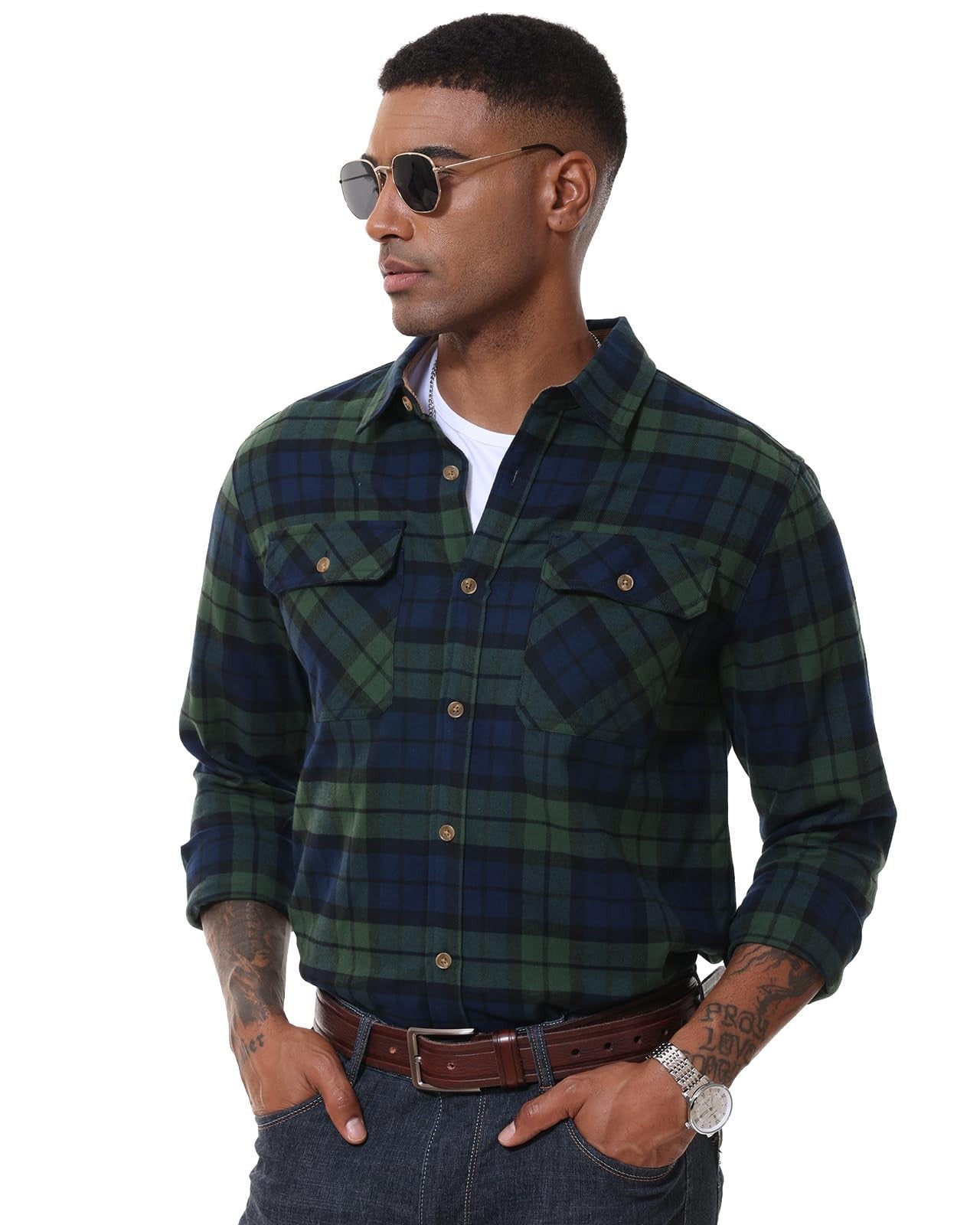 MAGCOMSEN Flannel Shirts Men's Long Sleeves Cotton Long Sleeve Plaid Shirt with 2 Pockets Button Down Casual Corduroy Shirt Male