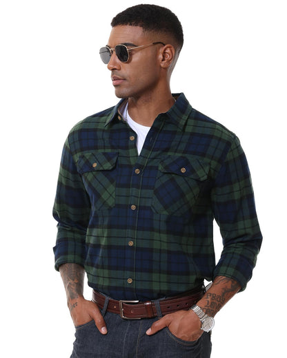 MAGCOMSEN Flannel Shirts Men's Long Sleeves Cotton Long Sleeve Plaid Shirt with 2 Pockets Button Down Casual Corduroy Shirt Male
