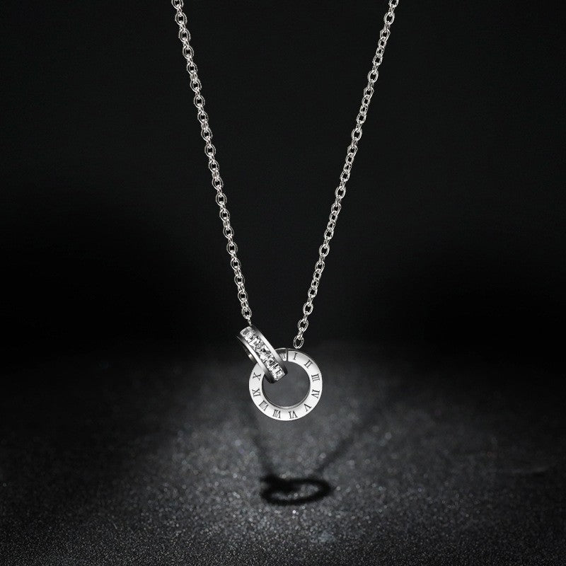 Hot Selling Luxury Elegant Crystal Circle Choker Fashion Roman Digital Stainless Steel Pendant Necklaces for Women Jewelry