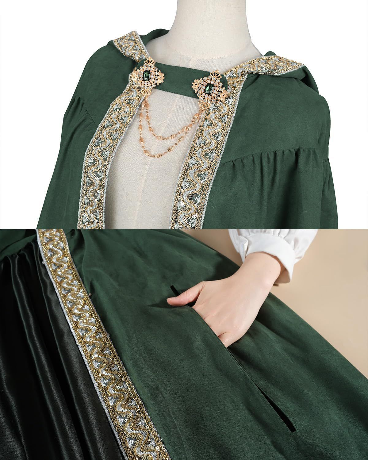 Elegant Medieval Hooded Floor Length CloakTrim Cape Chain Brooch for Adult Wedding Photoshoot Halloween Gothic Cosplay Costume