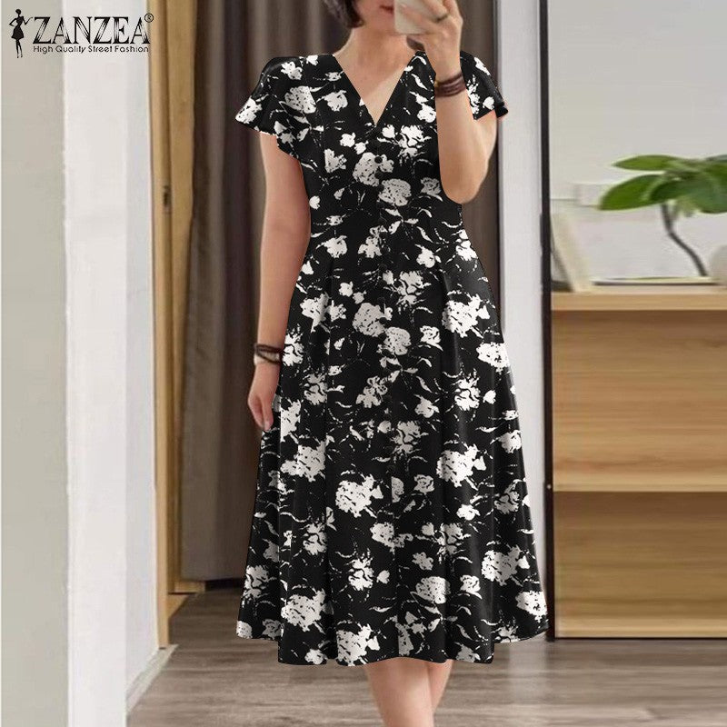 ZANZEA Woman Summer Dresses Ruffle Sleeve V-Neck Cinch Waist, Womens Elegant Flo
